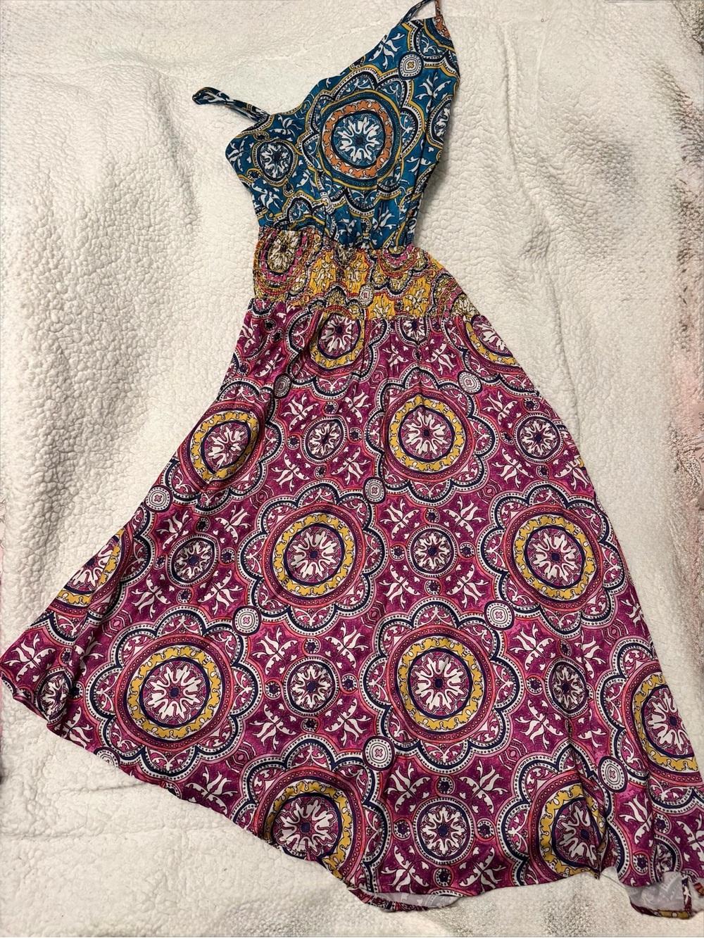 Anthropologie Teal, Cutout Smocked Mixed-Print Dress